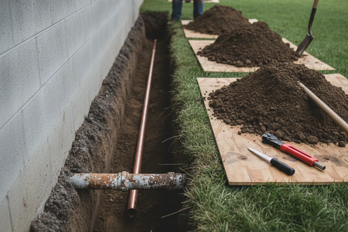 Excavated water line trench during Sewer Line Repair in Lurgan